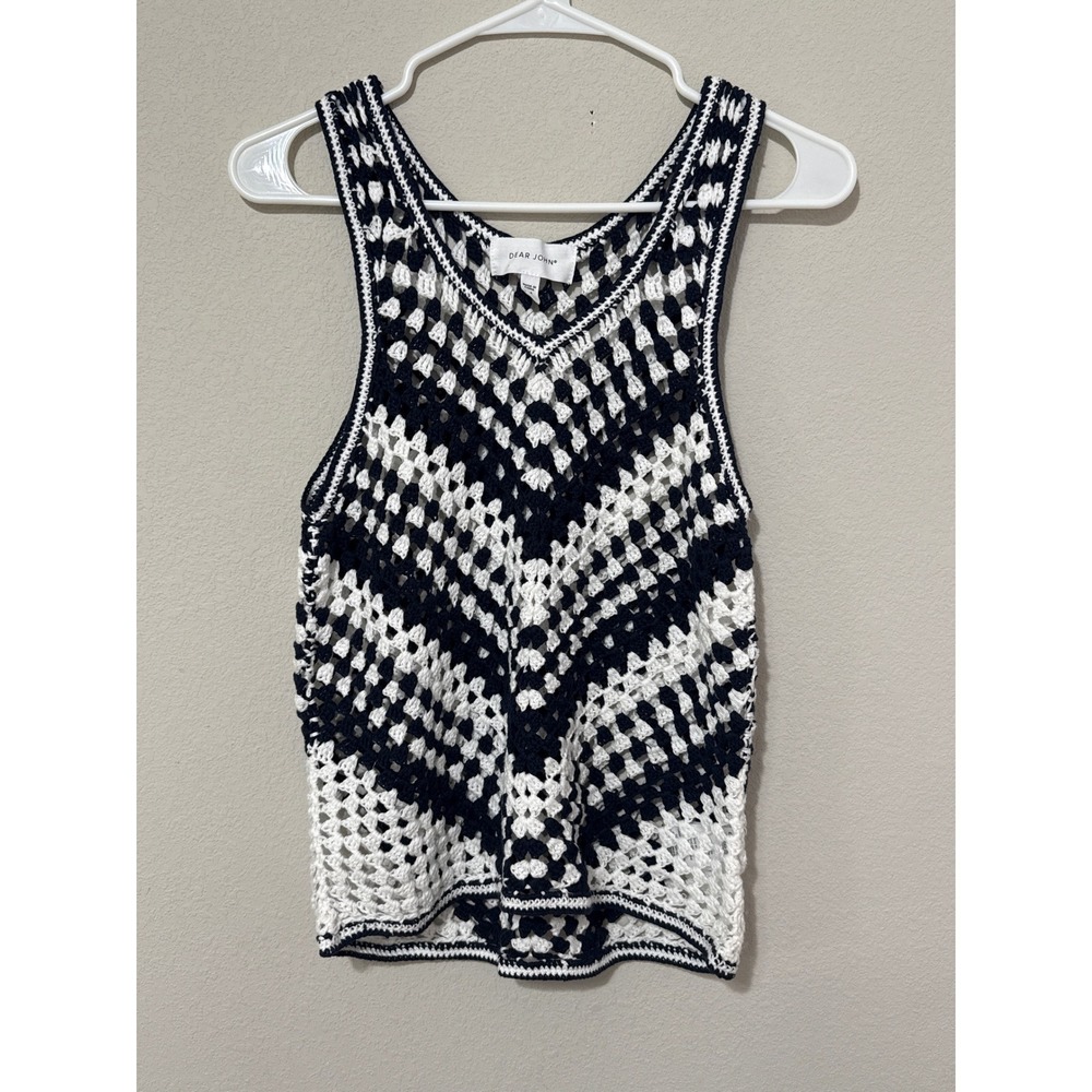 Dear John Crochet Tank Top Womens Medium Navy White Chevron Knit V-Neck Cotton